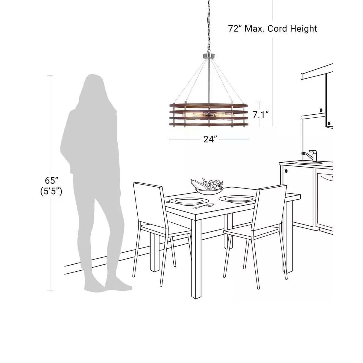 Catalina 24"W 6-Light Polished Nickel Drum Modern Pendant Mahogany Wood Finish Shade