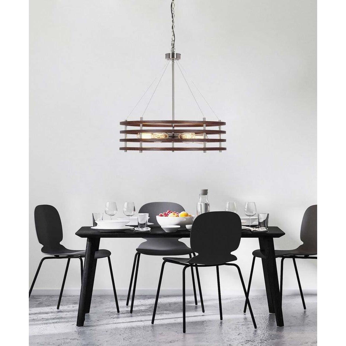 Catalina 24"W 6-Light Polished Nickel Drum Modern Pendant Mahogany Wood Finish Shade