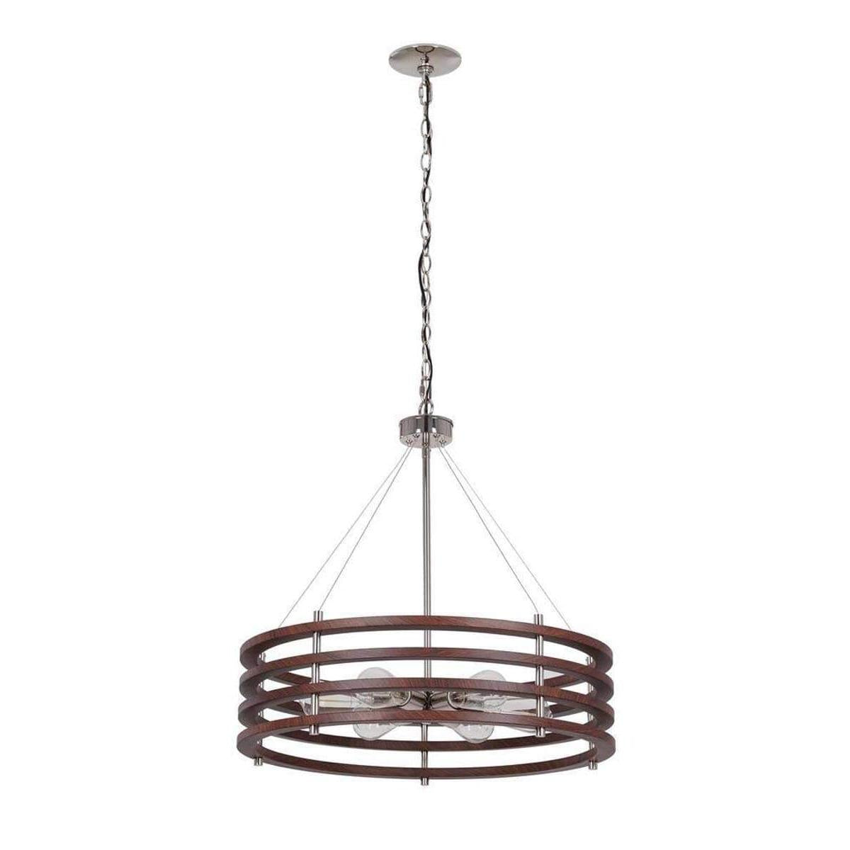 Catalina 24"W 6-Light Polished Nickel Drum Modern Pendant Mahogany Wood Finish Shade