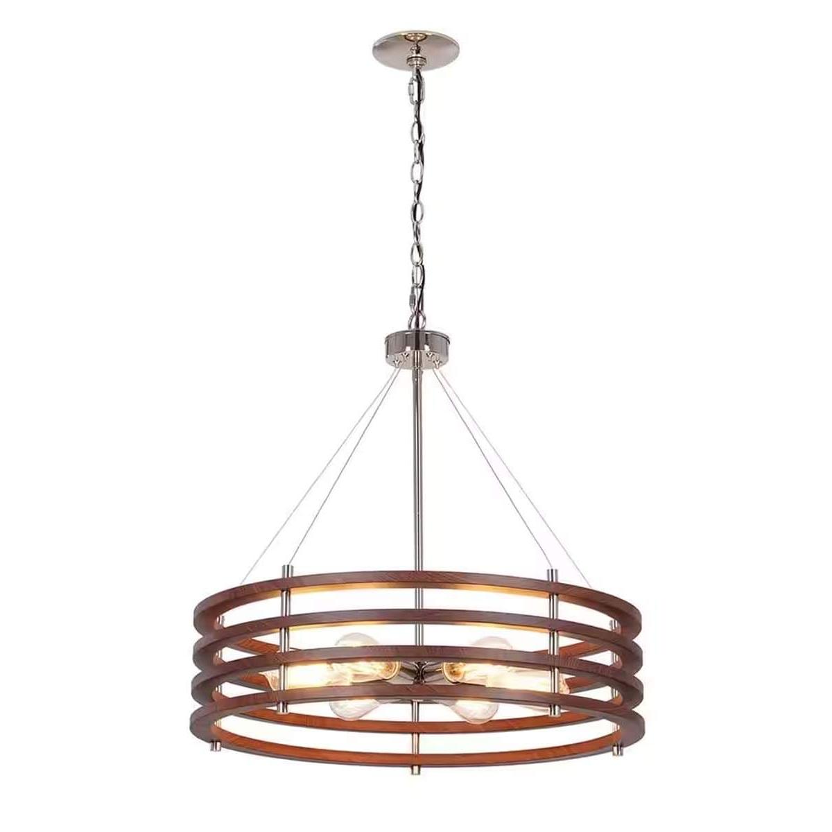 Catalina 24"W 6-Light Polished Nickel Drum Modern Pendant Mahogany Wood Finish Shade