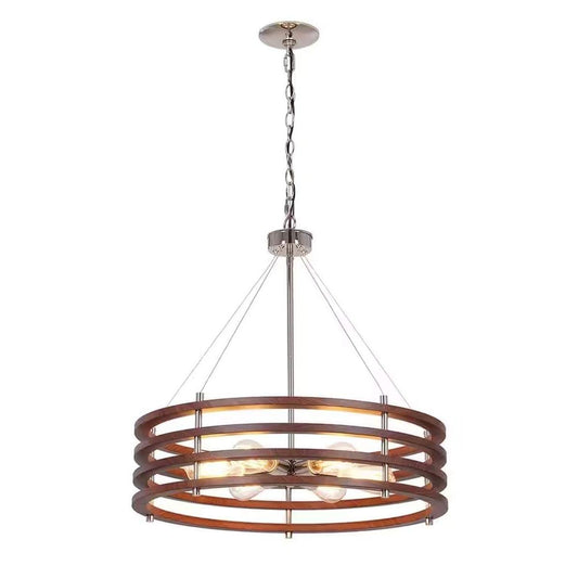 Catalina 24"W 6-Light Polished Nickel Drum Modern Pendant Mahogany Wood Finish Shade