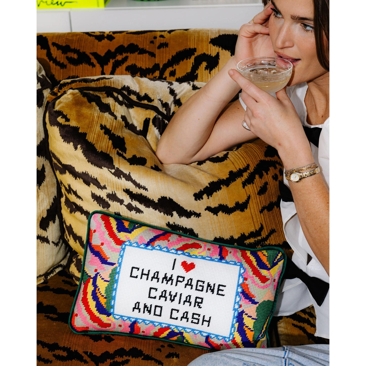 Caviar and Cash Needlepoint Pillow
