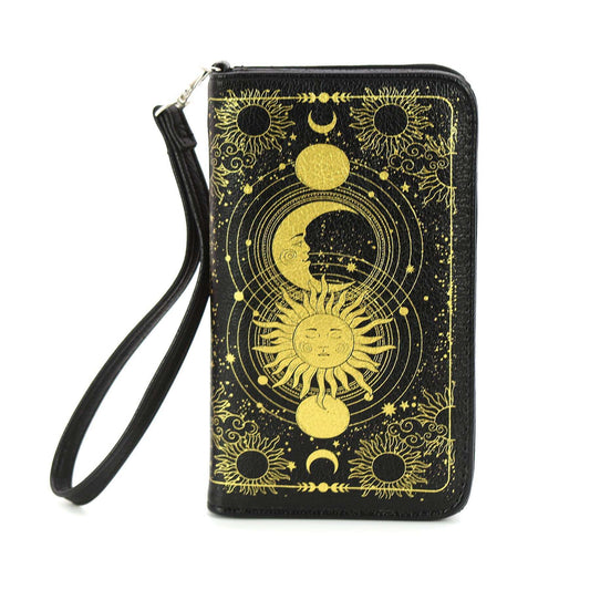 a black wallet with a yellow sun and moon design