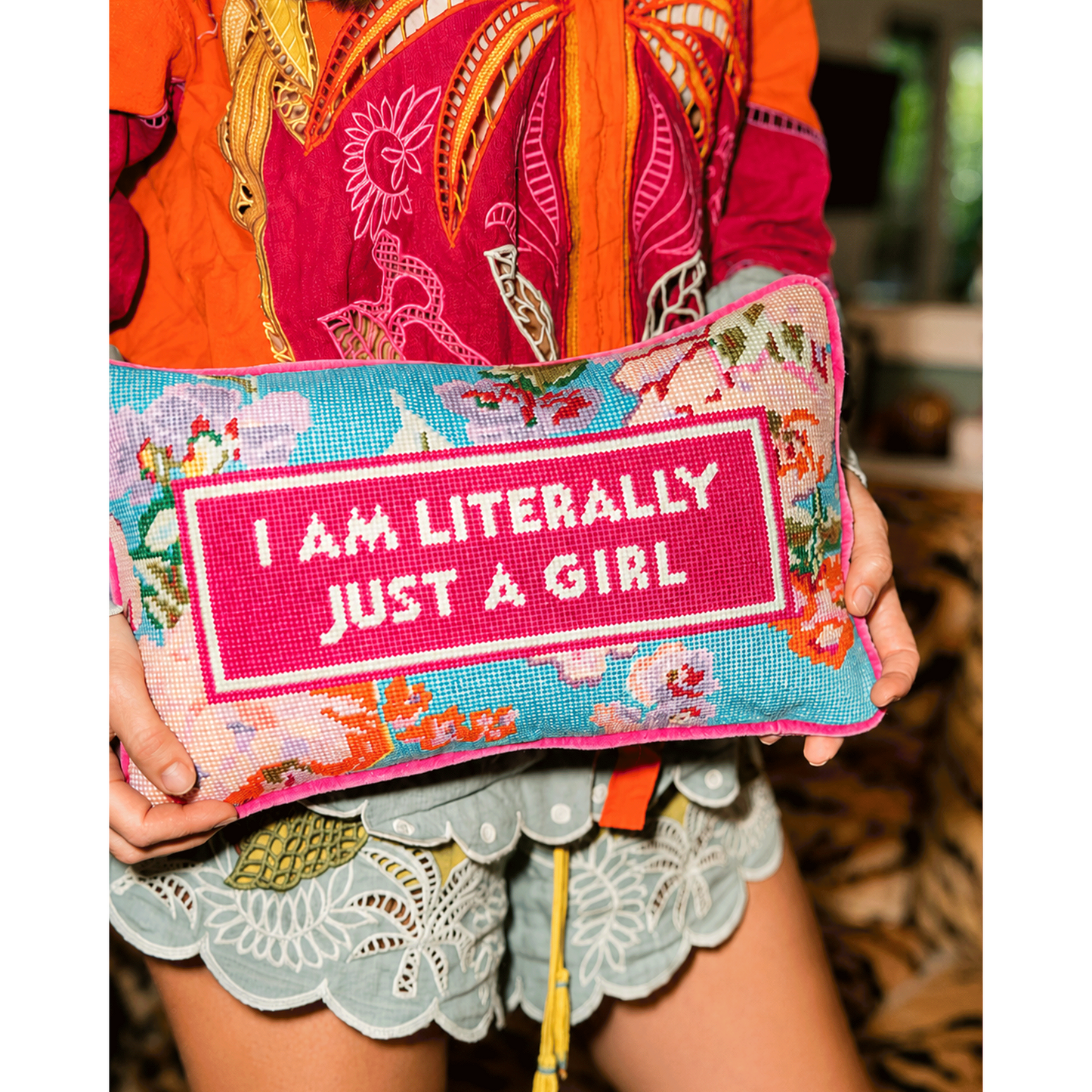 Just A Girl Needlepoint Pillow