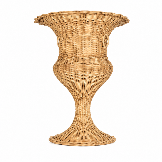 a wicker vase with a white background