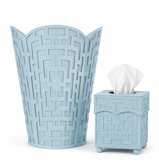 a blue container with a square design