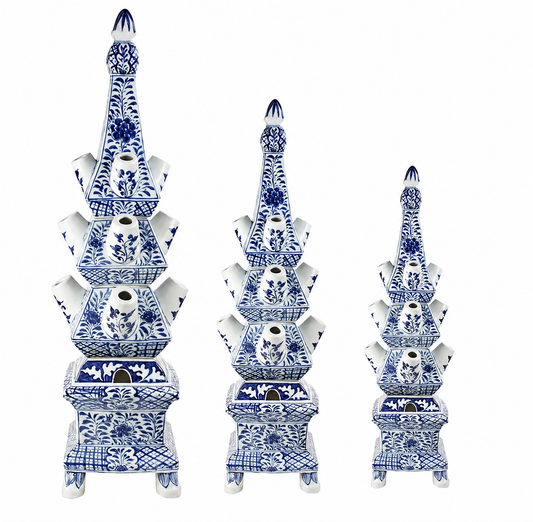 a group of blue and white china objects