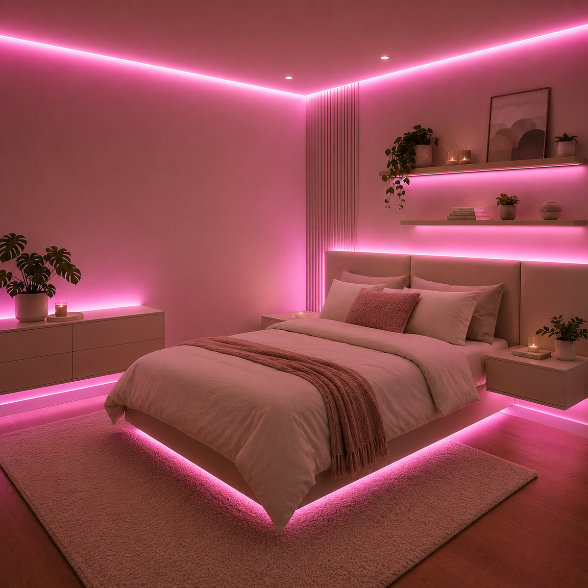 a bedroom with pink lights