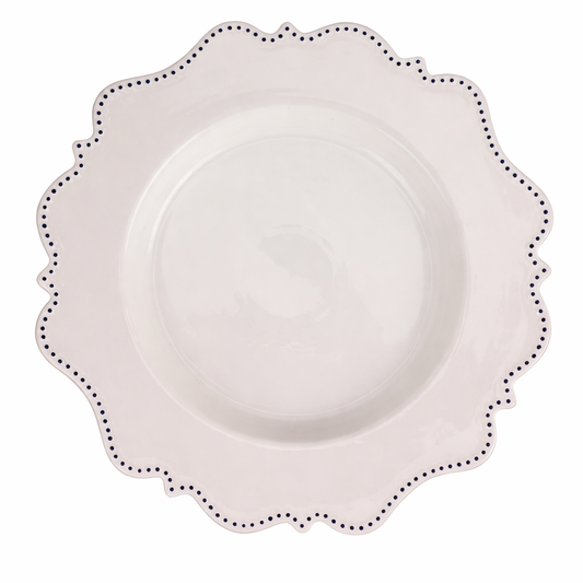 a white plate with blue dots