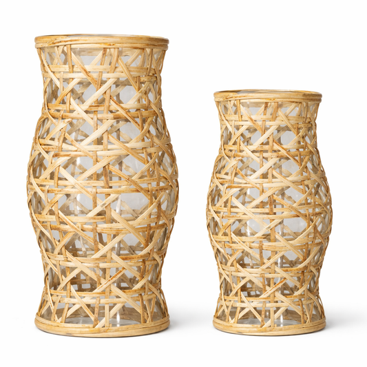 two wicker vases with woven design