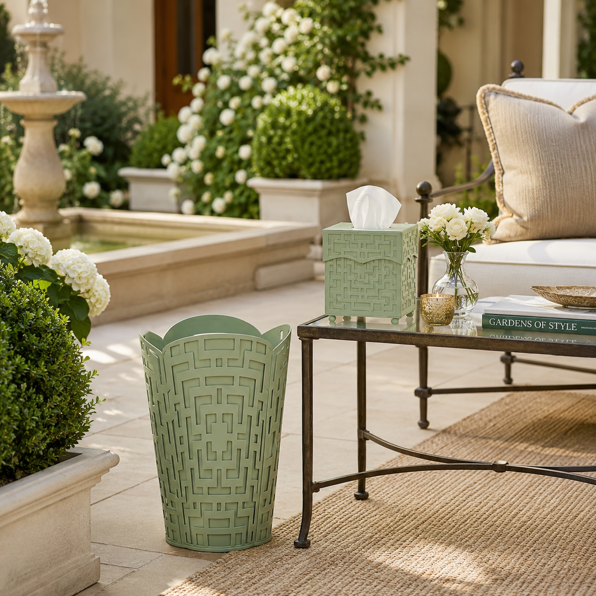 Dark Celadon Fretwork Wastepaper Basket & Tissue Holder (2 Options)