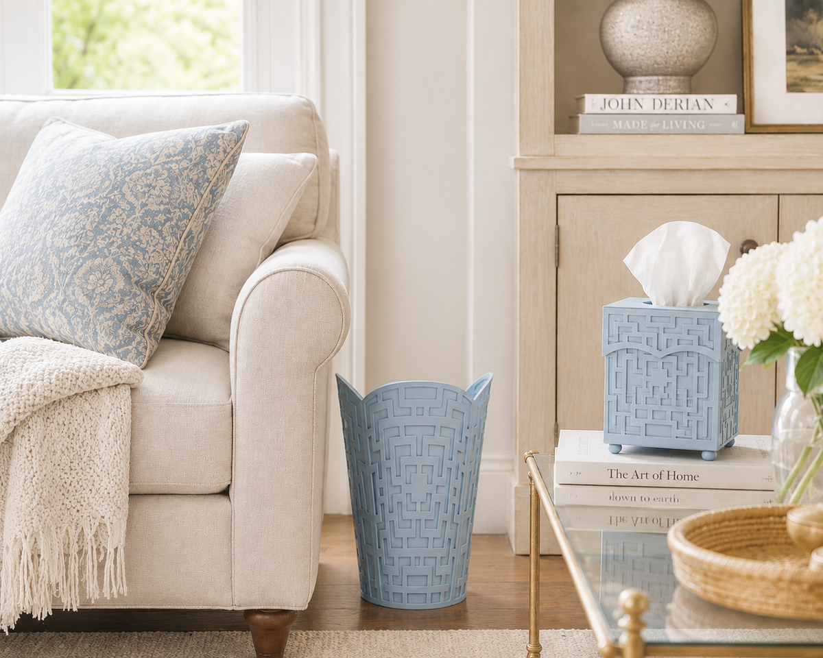 Slate Blue Fretwork Wastepaper Basket & Tissue (2 Options)