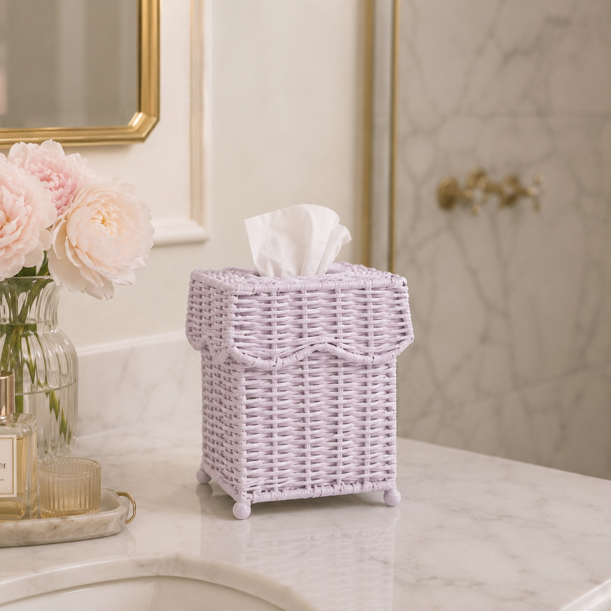 Pale Pink Scalloped Wicker Wastepaper Basket & Tissue Holder (2 Options)