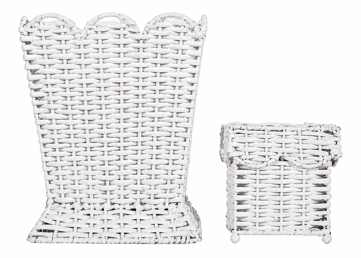 Square Scalloped White Wicker Wastepaper Basket & Tissue Holder (2 Options)