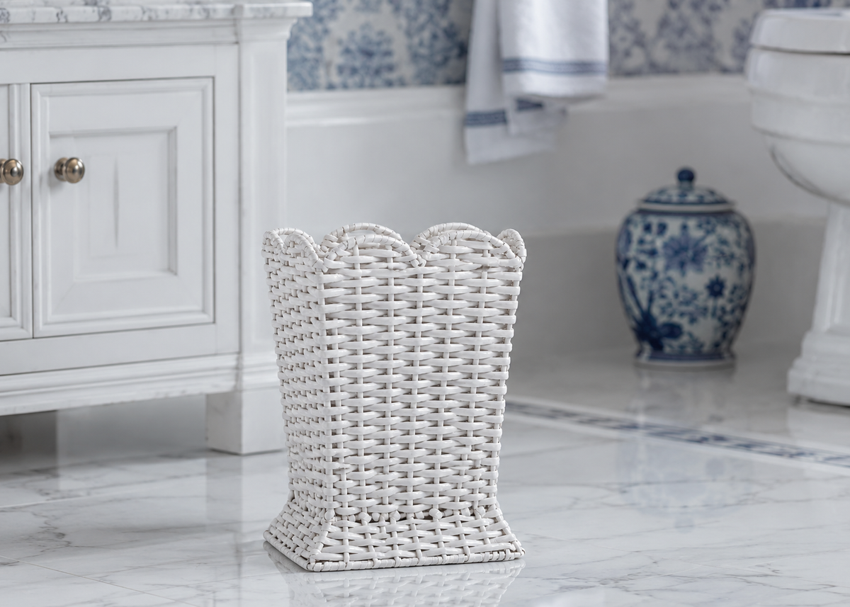 Square Scalloped White Wicker Wastepaper Basket & Tissue Holder (2 Options)