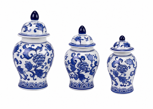 a group of blue and white vases