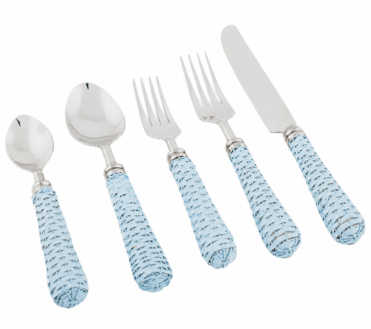 Soft Blue Basketweave Five Piece Flatware Set