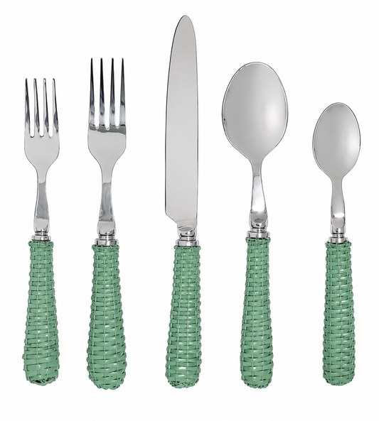 a group of silverware with green handles