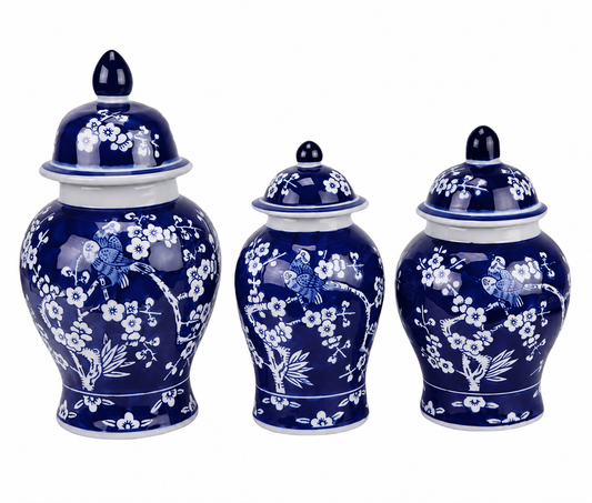 a group of blue and white vases