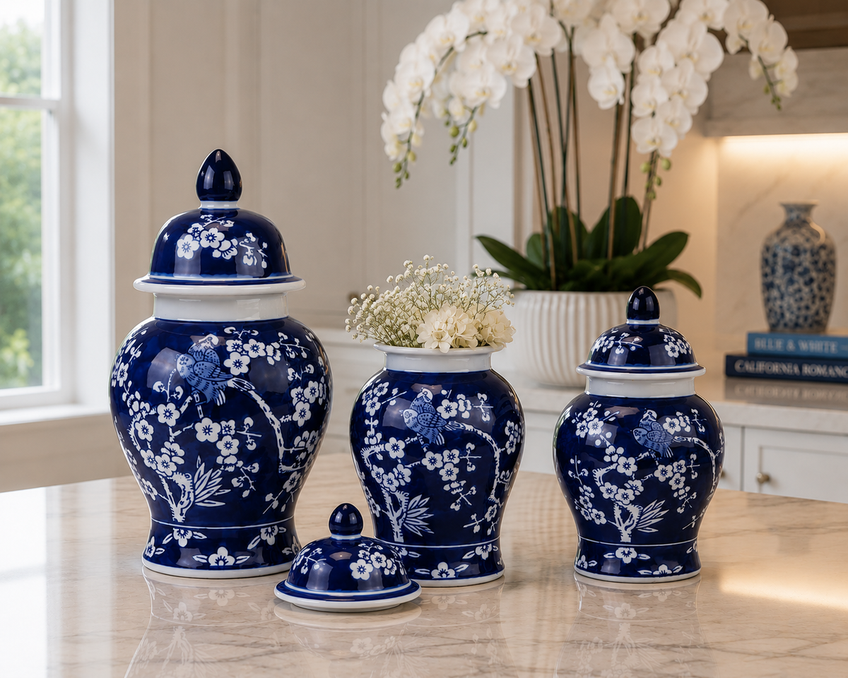 Set of 3 Navy Cherry Blossom Food Safe Jars