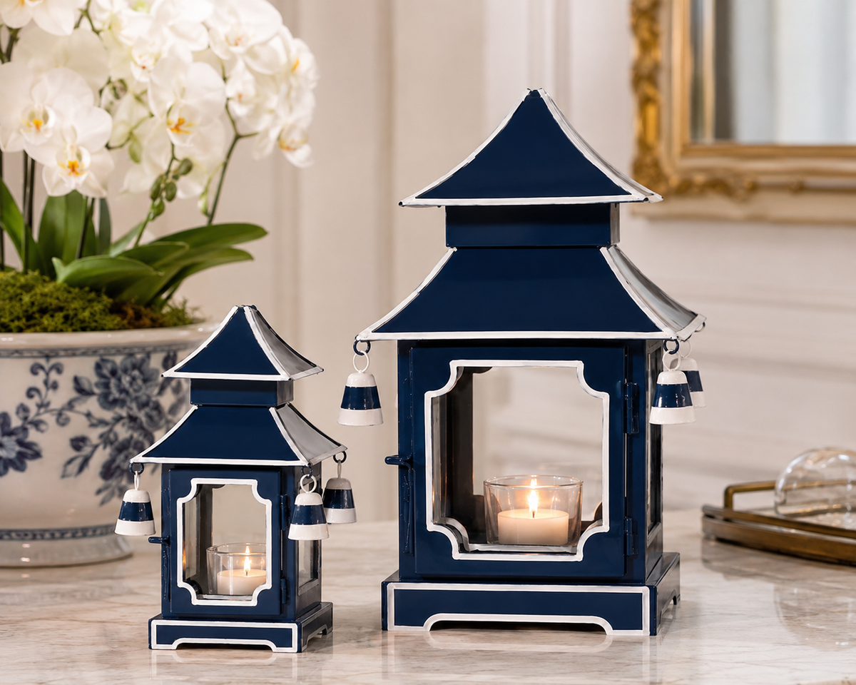 Navy & White Trim Pagoda Lantern (4 Sizes)