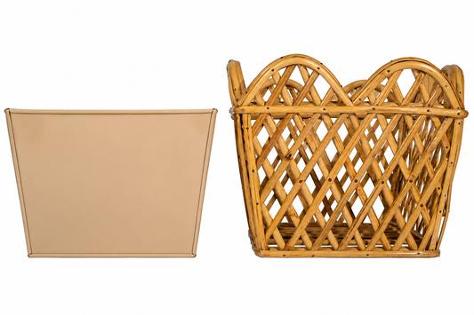 a basket with a tan cover