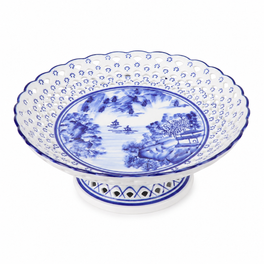 a blue and white plate