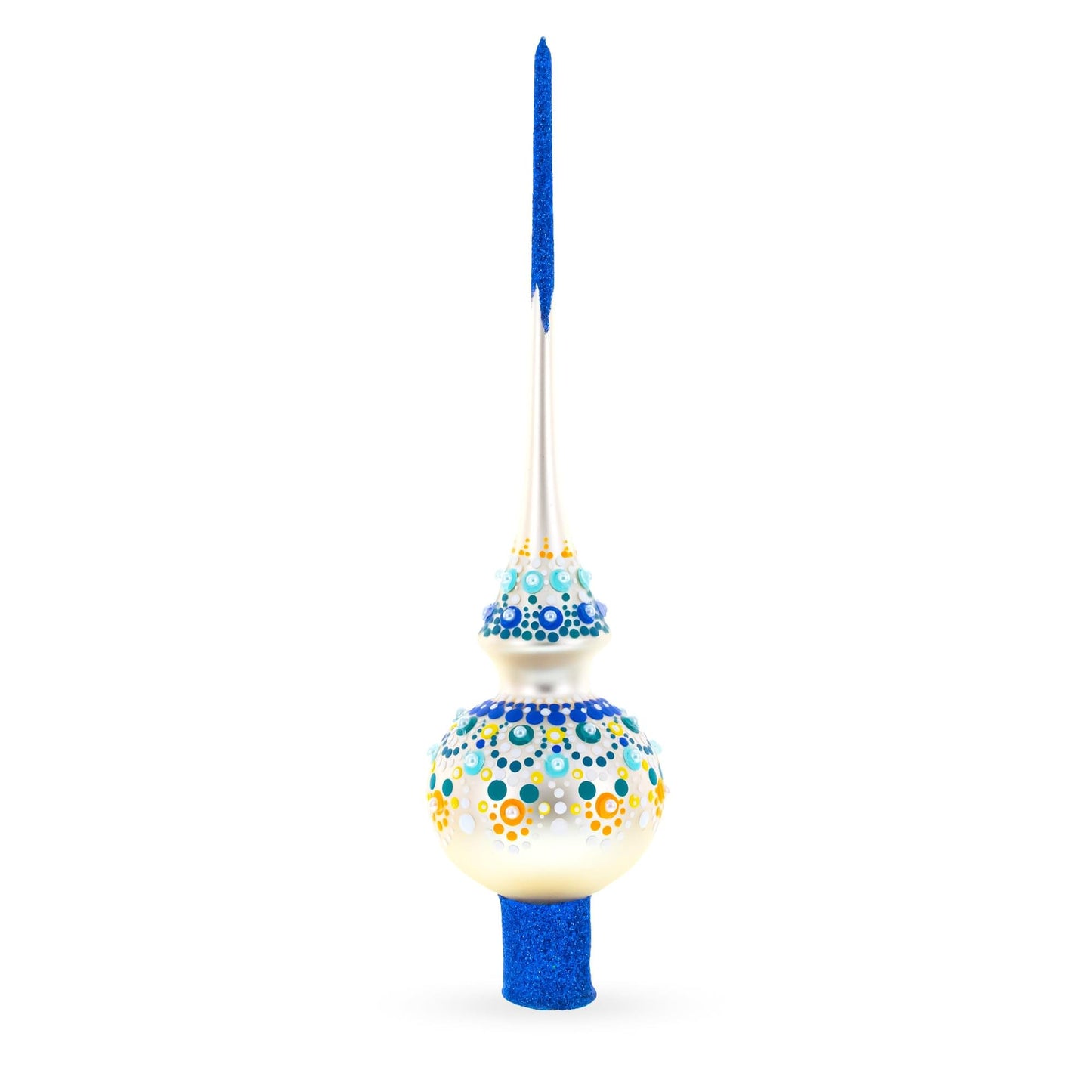 Chic Iridescent Pearl with Blue Embellishments Glass Christmas Tree Topper 11 Inches