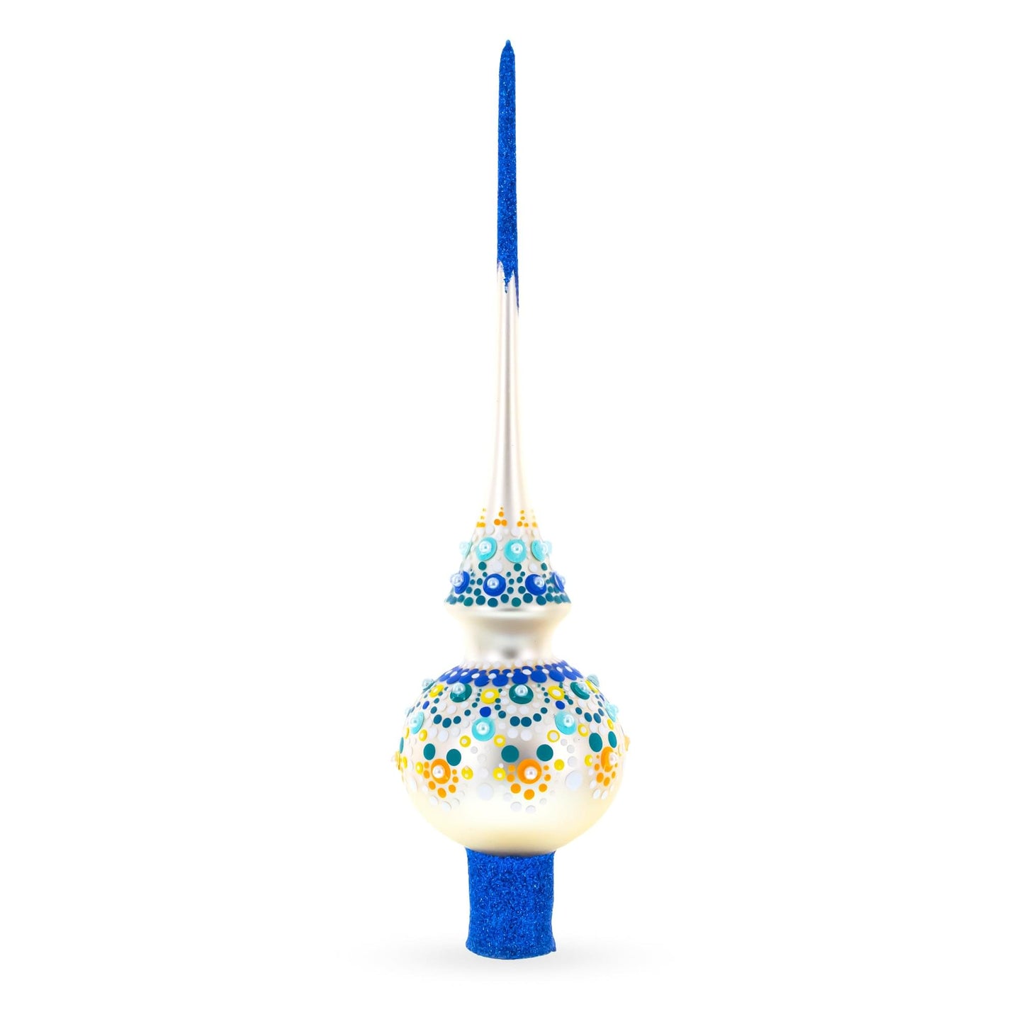 Chic Iridescent Pearl with Blue Embellishments Glass Christmas Tree Topper 11 Inches