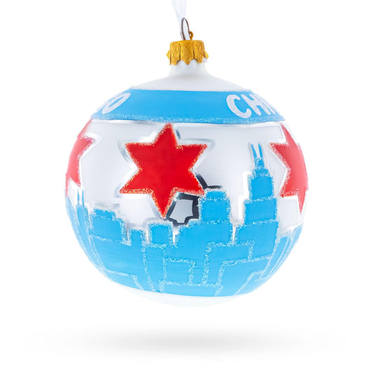 Chicago Cityscape and Flag Glass Ball Christmas Ornament 4 Inches
