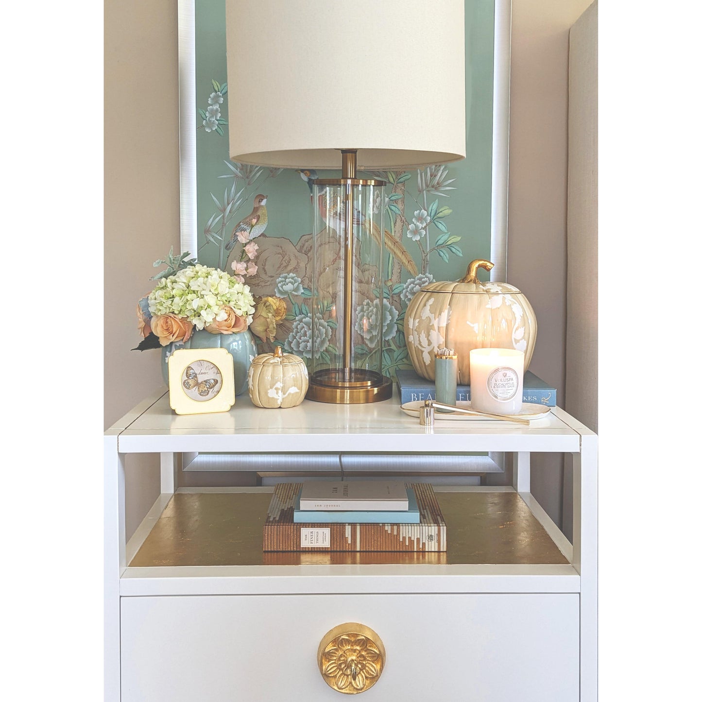 Chinoiserie Pumpkin Jars with 22K Gold Accents in Lamb's Ear