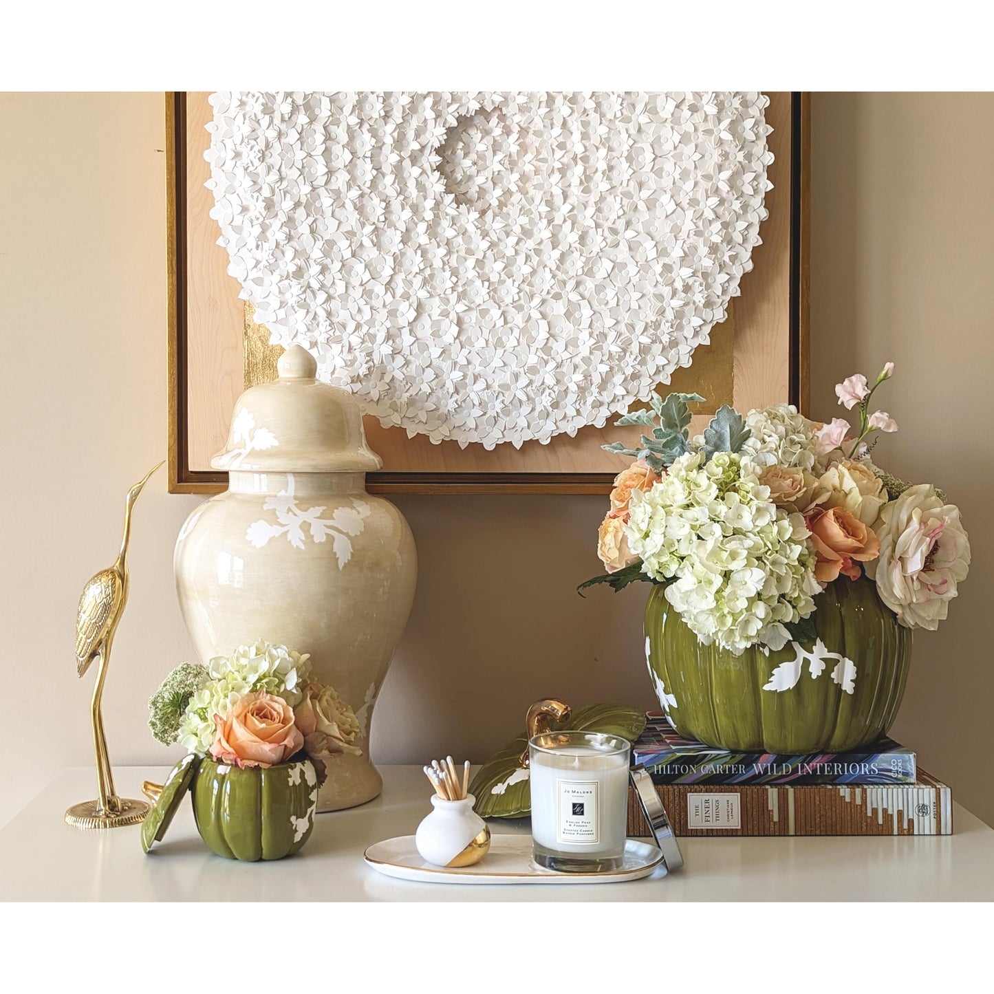 Chinoiserie Pumpkin Jars with 22K Gold Accents in Moss Green