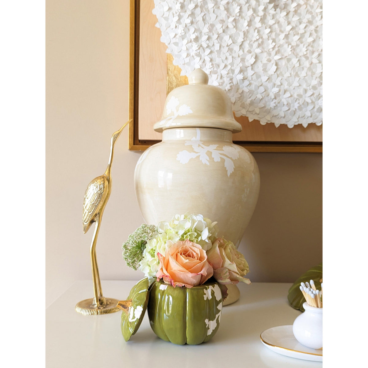 Chinoiserie Pumpkin Jars with 22K Gold Accents in Moss Green