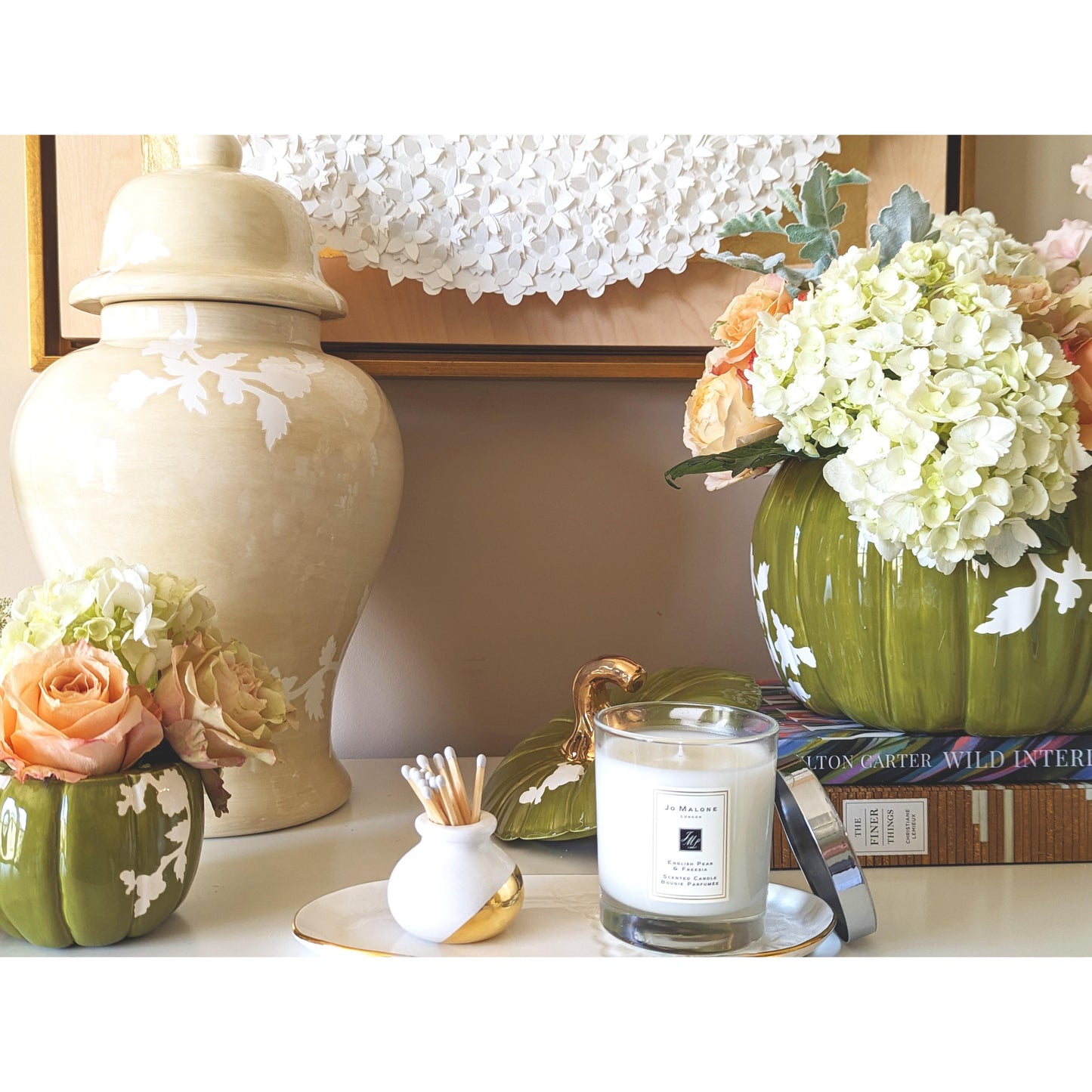 Chinoiserie Pumpkin Jars with 22K Gold Accents in Moss Green