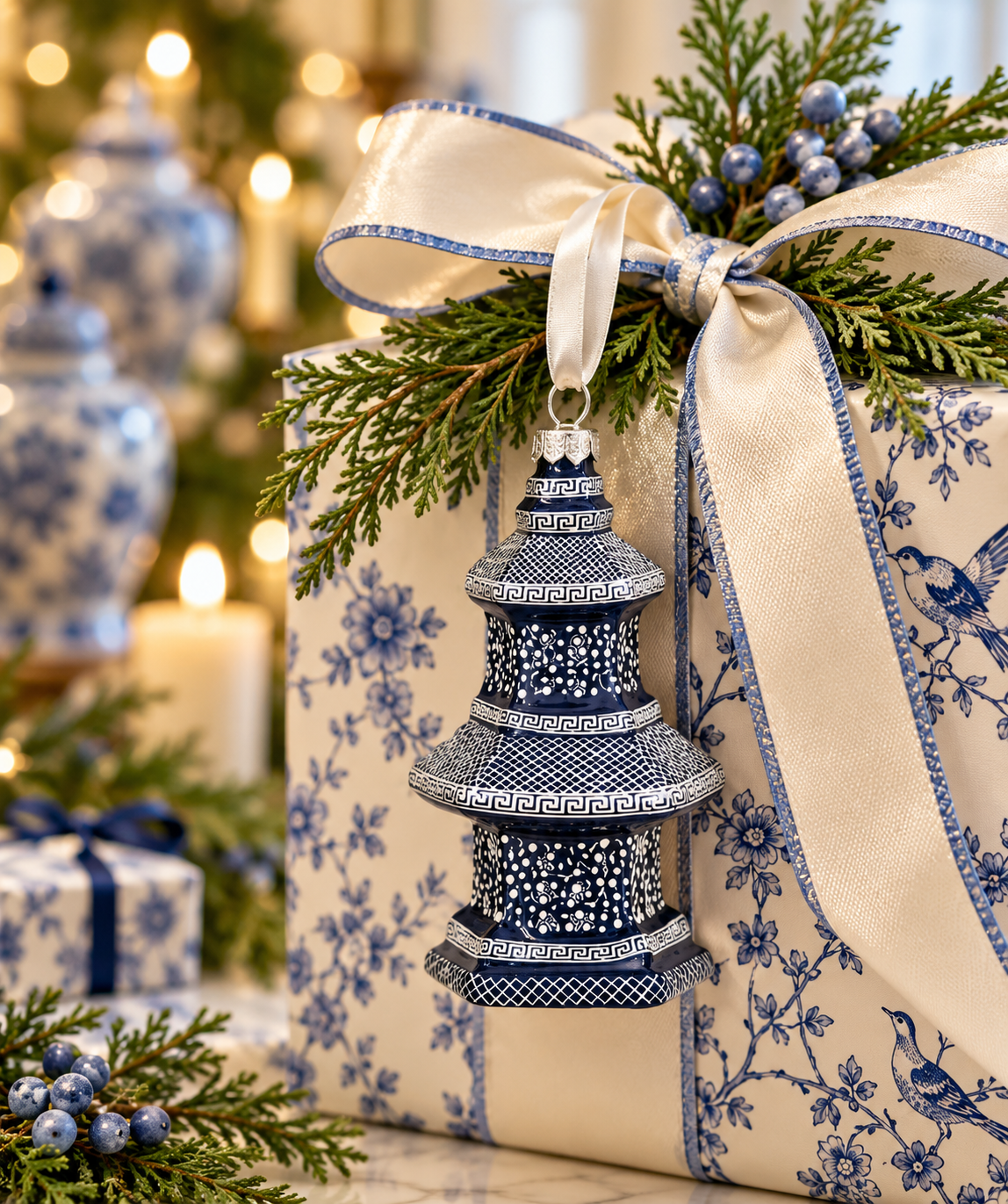Box of 4 Dot Navy Pagoda Gift Topper