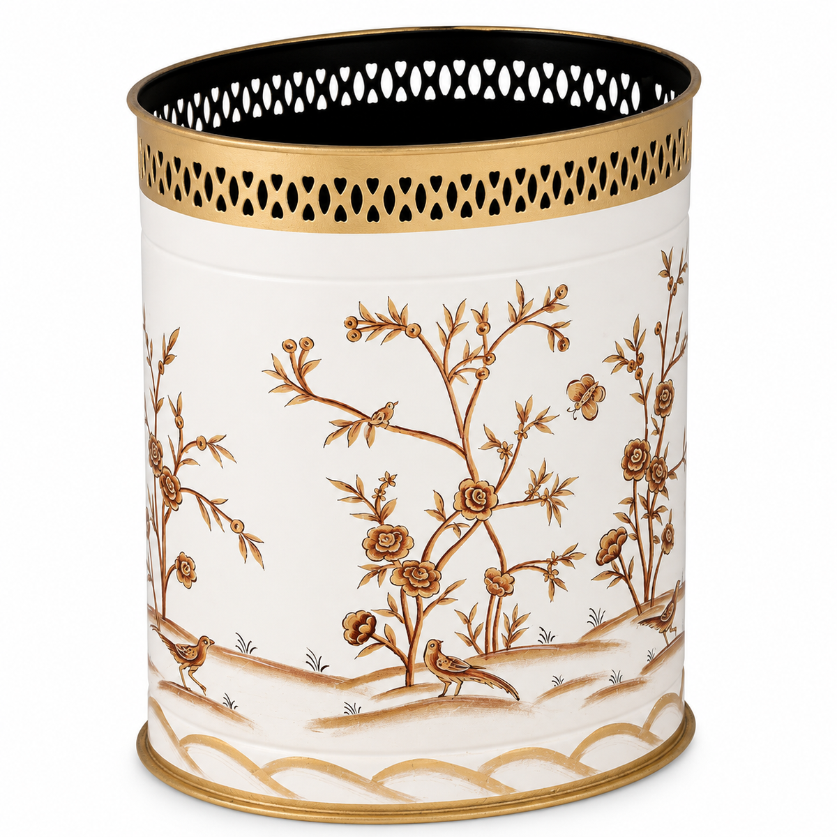 Ivory & Gold Oval Pierced Wastepaper Basket & Tissue (2 Options)