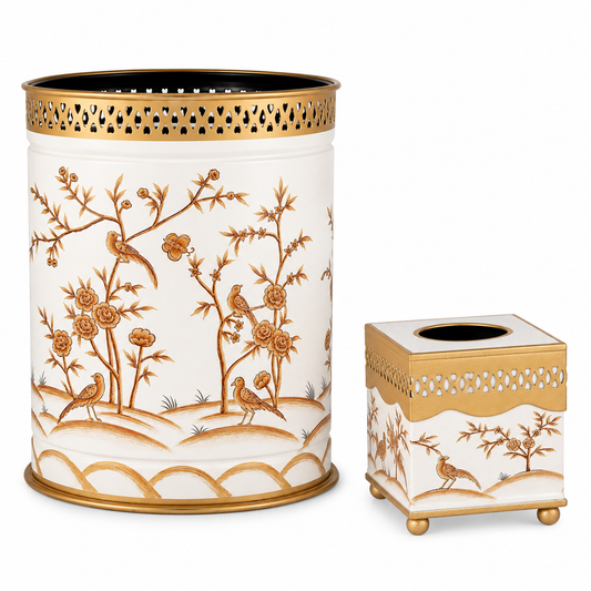 Ivory & Gold Oval Pierced Wastepaper Basket & Tissue (2 Options)