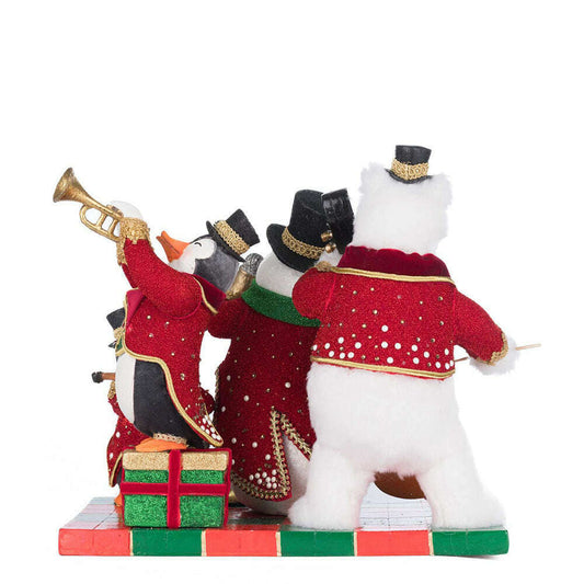 a group of penguins playing a trumpet