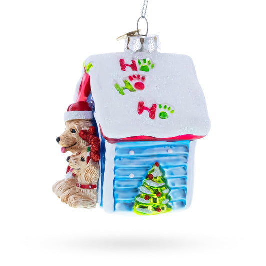 Christmas Doghouse with Two Holiday Puppies Glass Christmas Ornament