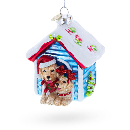 Christmas Doghouse with Two Holiday Puppies Glass Christmas Ornament