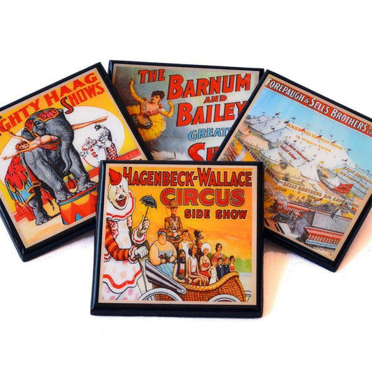 a group of coasters with circus pictures