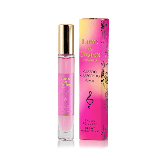 a pink and yellow perfume bottle