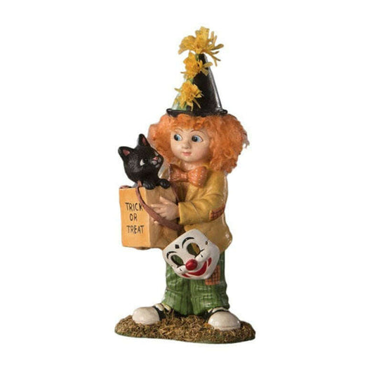 a statue of a clown holding a bag of flowers