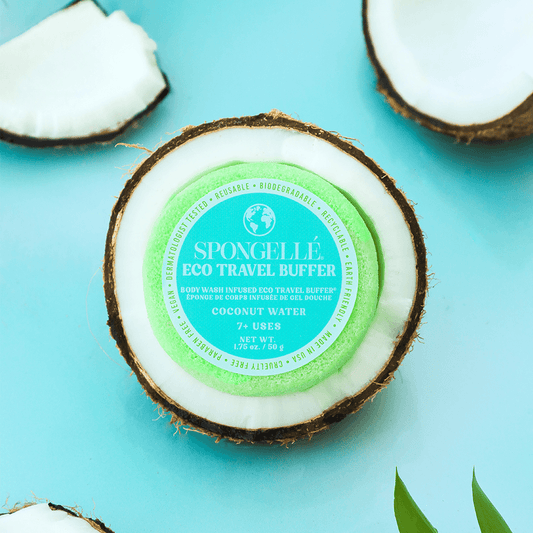 a coconut with a green label
