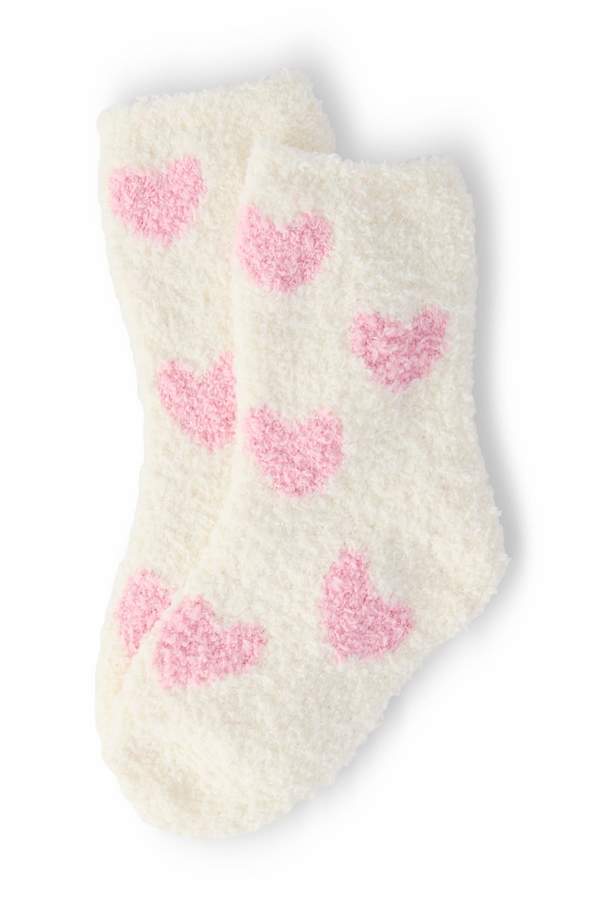 a pair of white and pink fuzzy socks with pink hearts