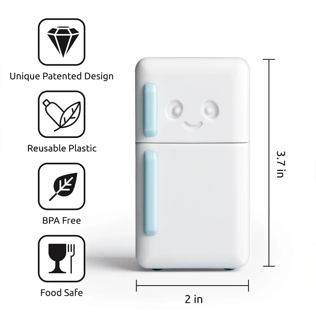 a small refrigerator with a face and symbols