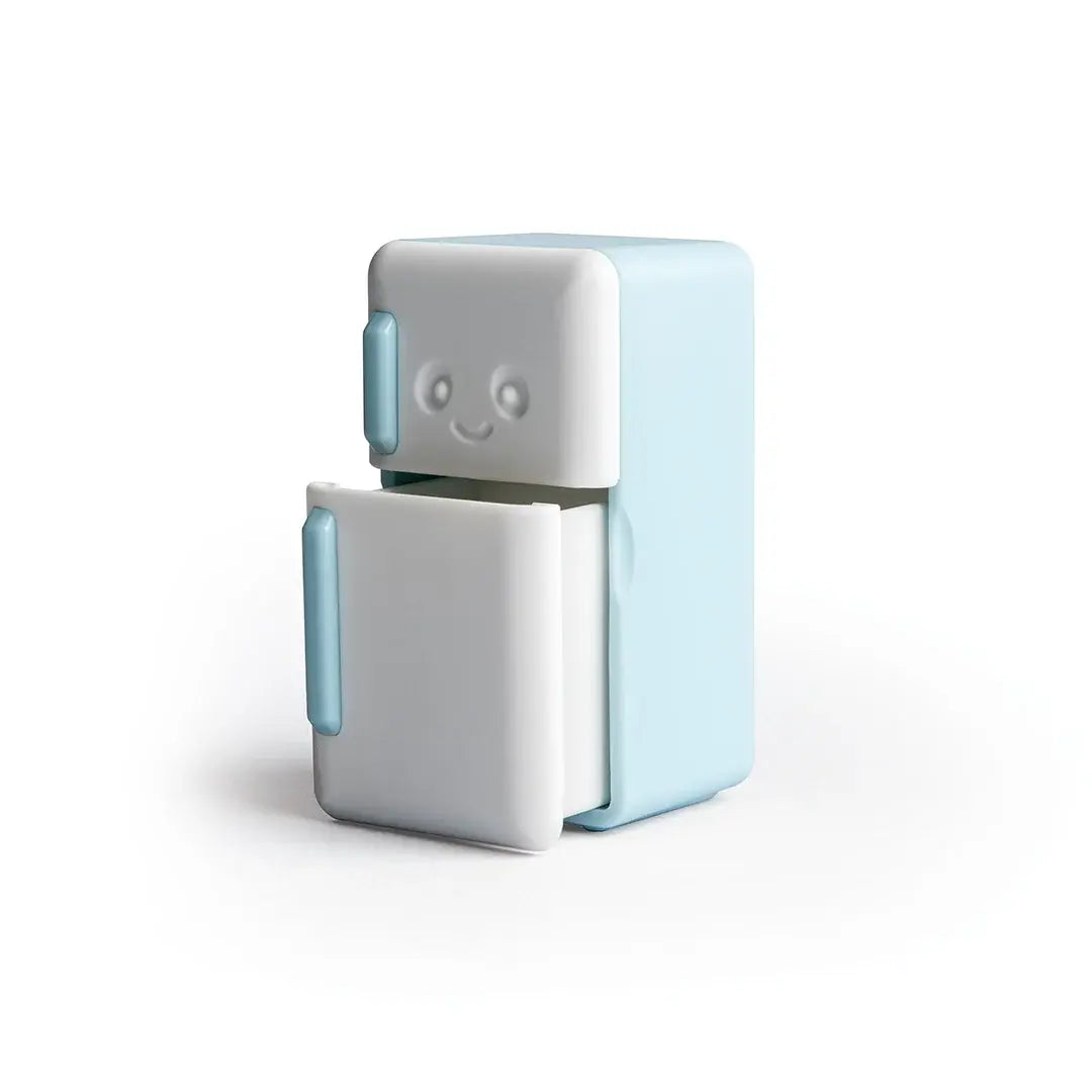 a small refrigerator with a smiling face