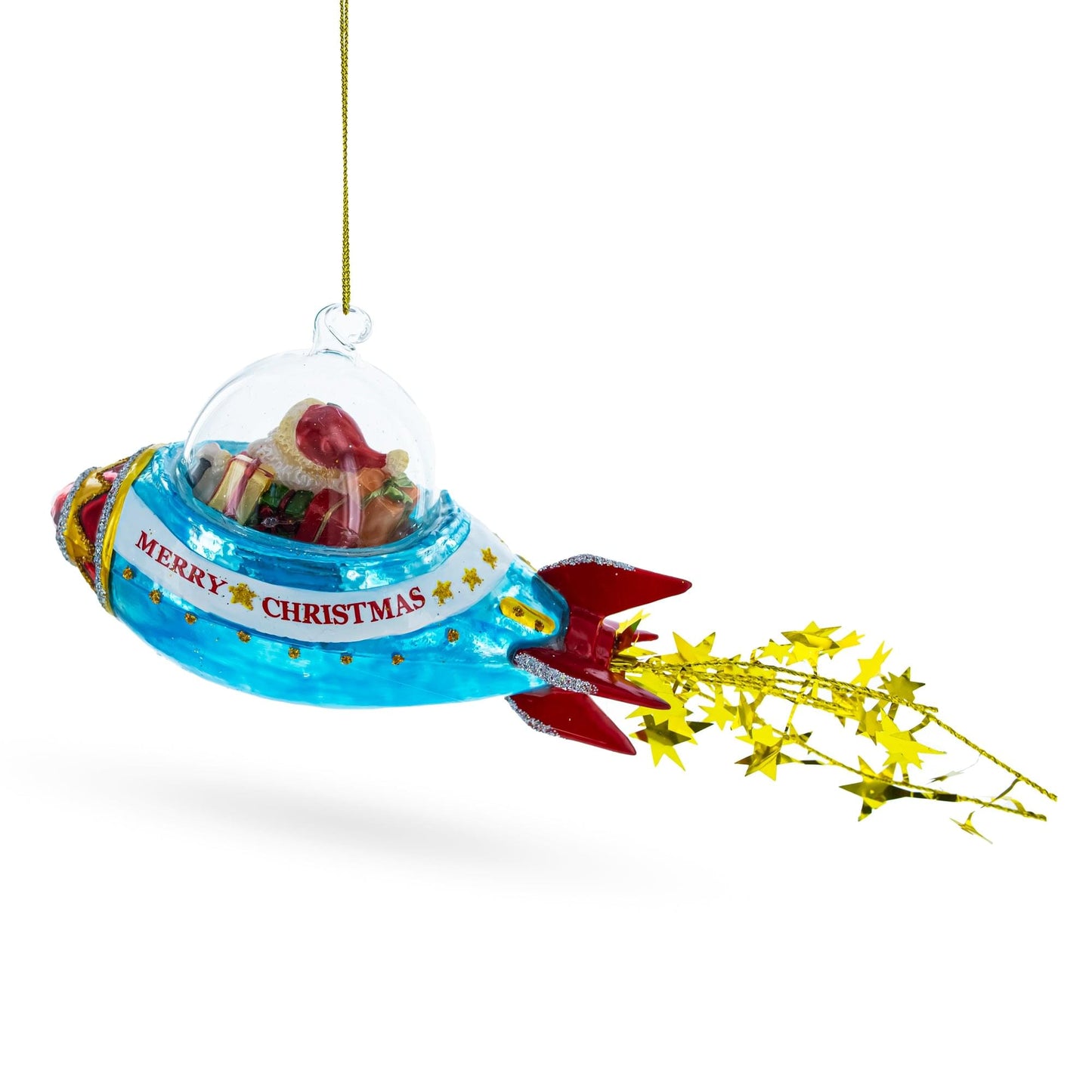 Cosmic Santa Riding Spaceship Glass Christmas Ornament