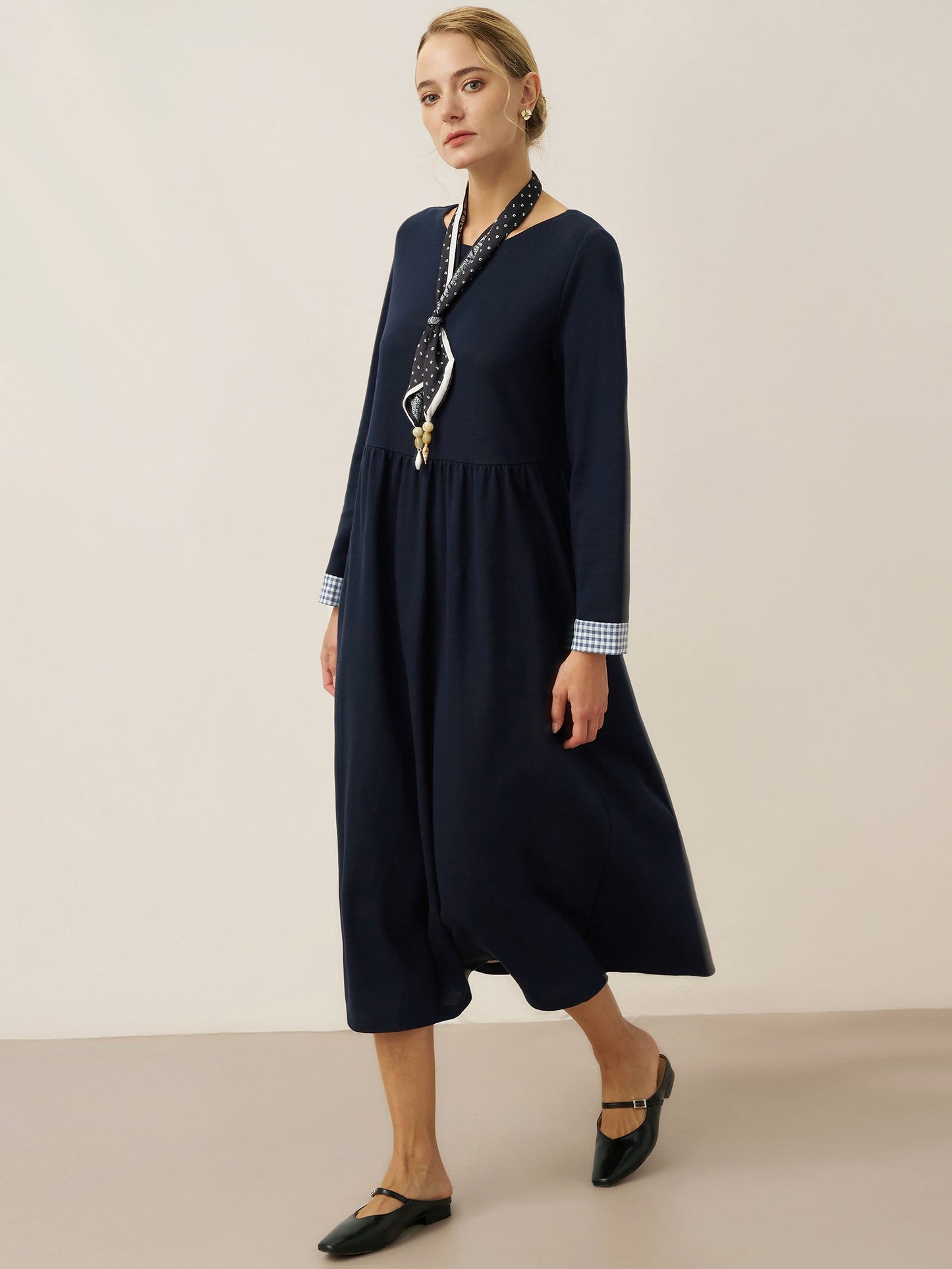 Organic Cotton Patchwork Cuff Crew Neck Casual Midi Dress SCARLETT