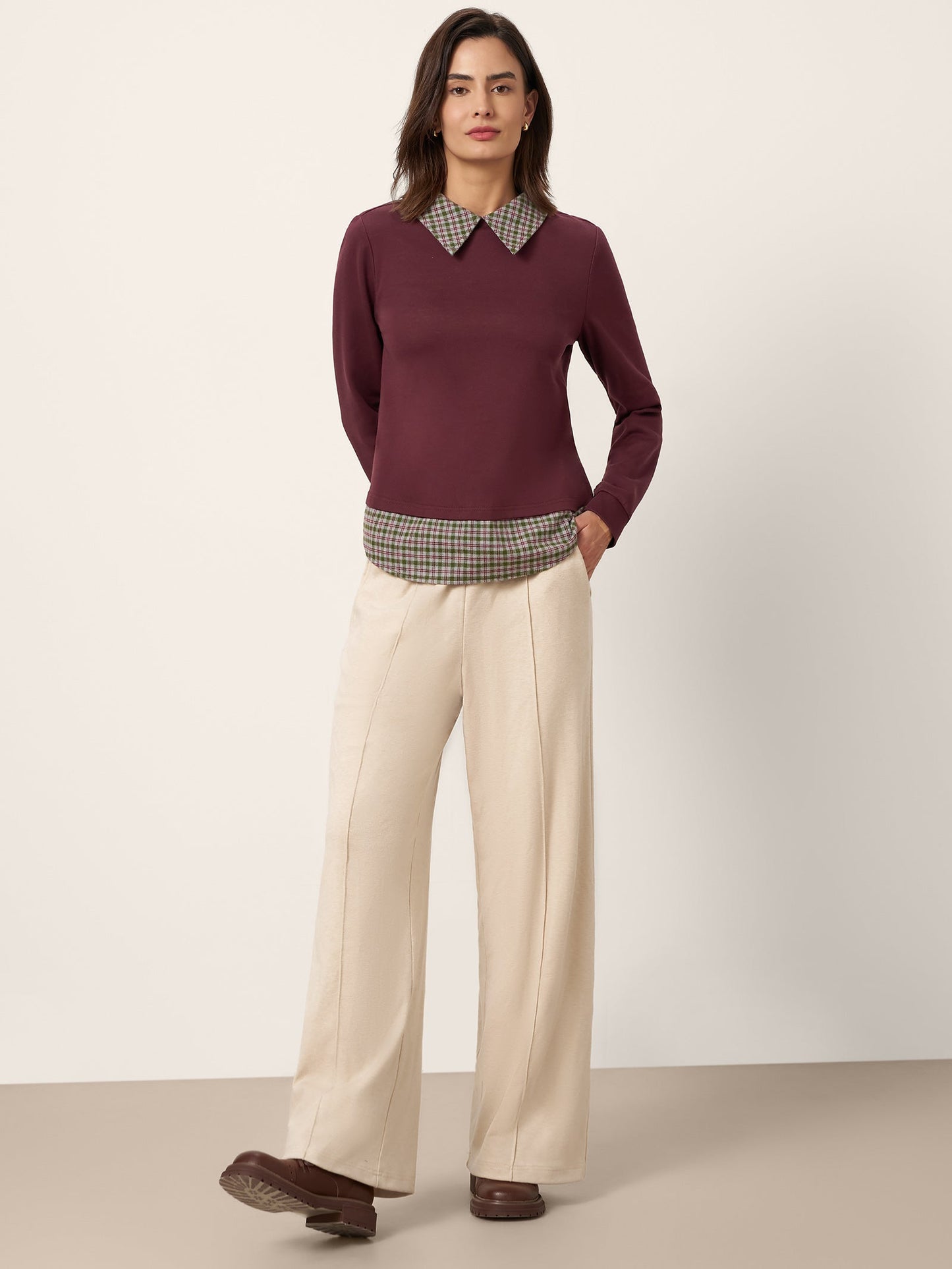 Cotton Plaid Panel Long Sleeve Top RAYNA